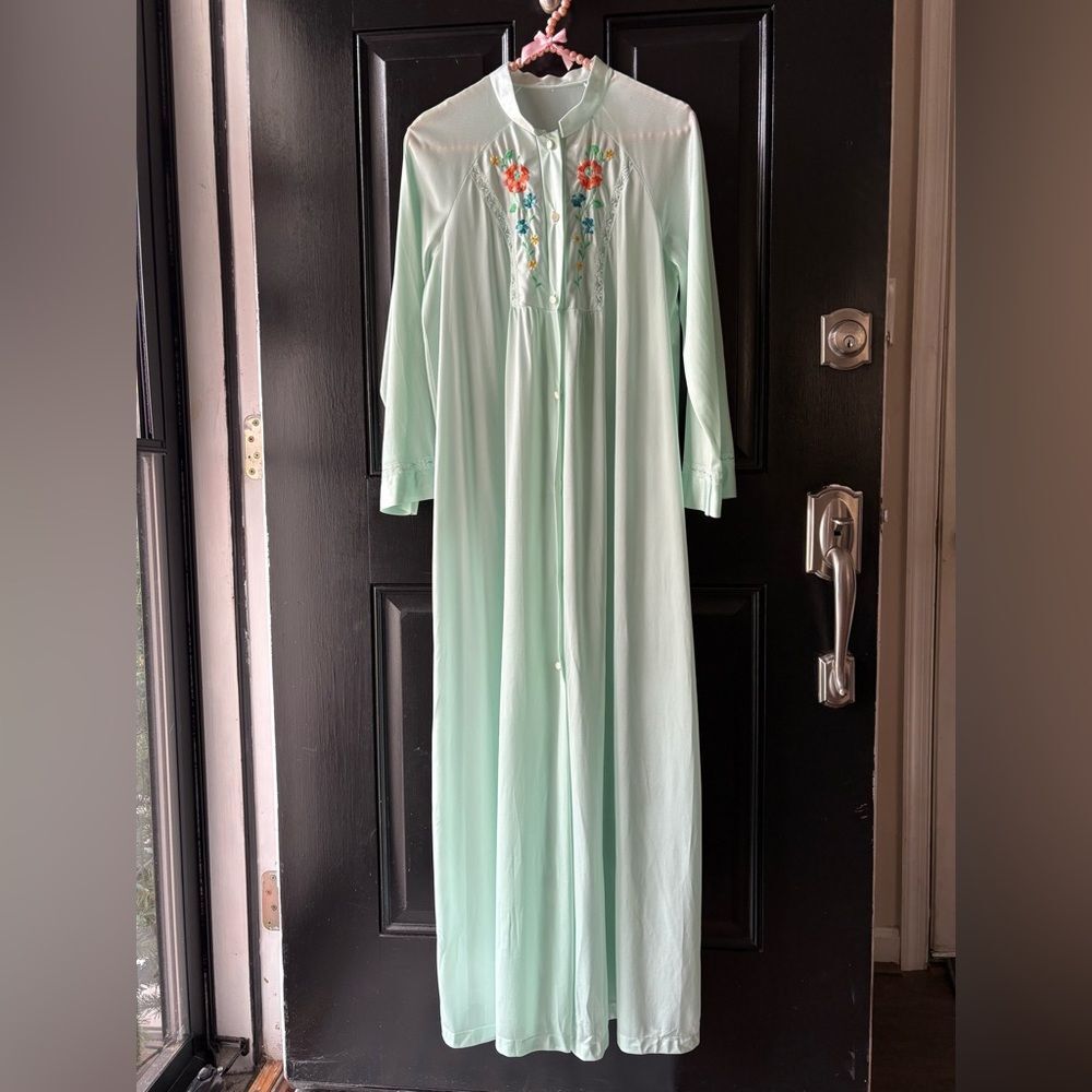 VTG Sears Blue Green Floral Nylon Robe Size S